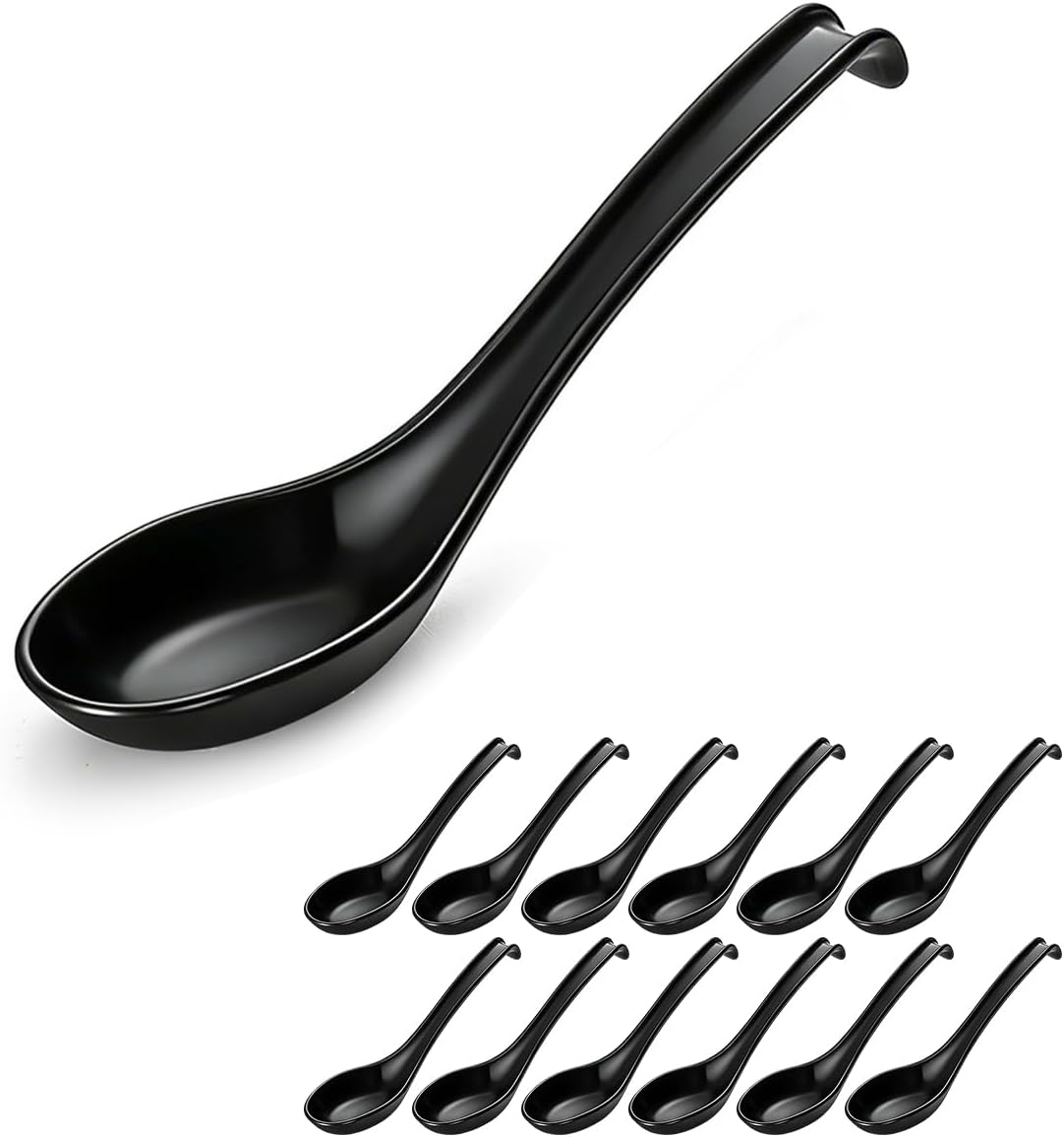 Berglander Asian Soup Spoons 12pcs, Plastic Chinese Won Ton Soup Spoon For Soba, Pho, Noodle, Japanese Ramen, Chinese and Vietnamese Wonton, Korean Style Large Spoon with Long Handle