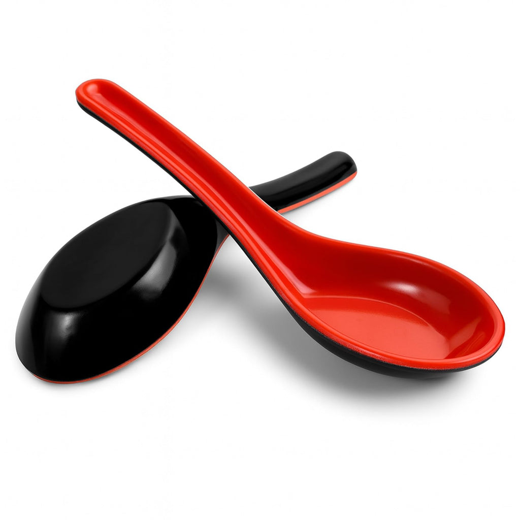 Red and Black Melamine Wonton Soup Spoons, 2 Count | Chinese Japanese Miso Ramen Dumpling Pho Rice Noodle Soba Soup Spoons.unbreakable