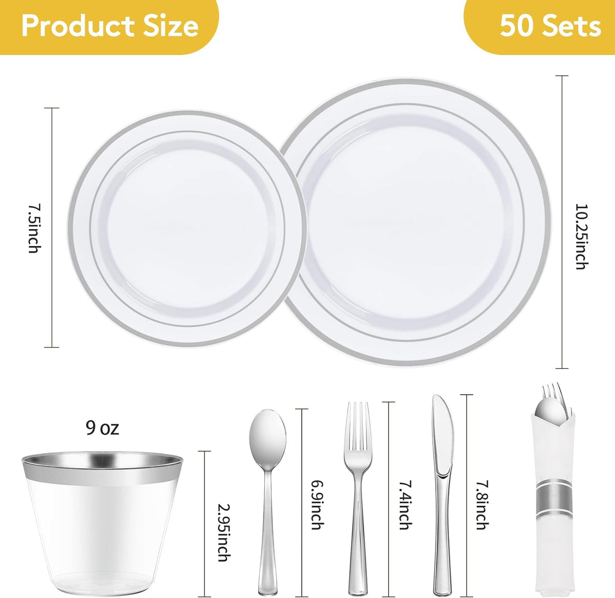 350 Piece Silver Plastic Dinnerware Set for 50 Guests | Disposable Dinnerware Includes: 50 Dinner Plates, 50 Dessert Plates, 50 Pre Rolled Napkins with Silver Silverware, 50 Cups