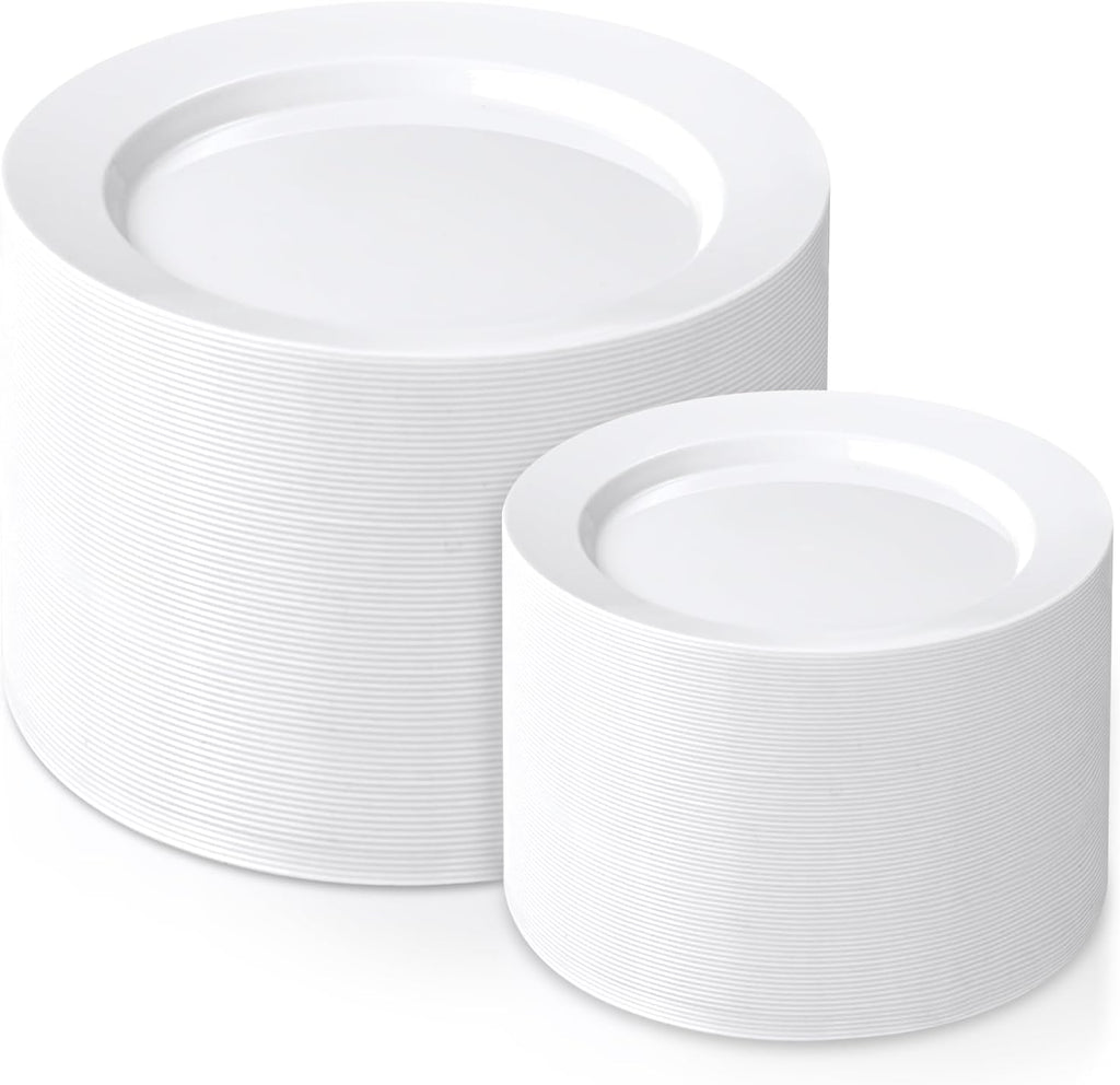 FLOWERCAT 200PCS White Plastic Plates Disposable Plates for Party - White Bulk Plastic Plates - 100 10" Dinner Plates and 100 7" Salad Plates for Wedding & Summer Parties and Events