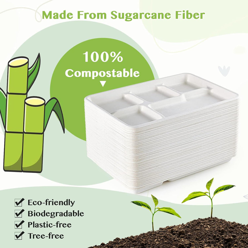 Compostable Disposable 5 Compartment Paper Plates, 12.5inch | 100 Pack, Biodegradable Sugarcane Plates, Eco-Friendly School Lunch Trays