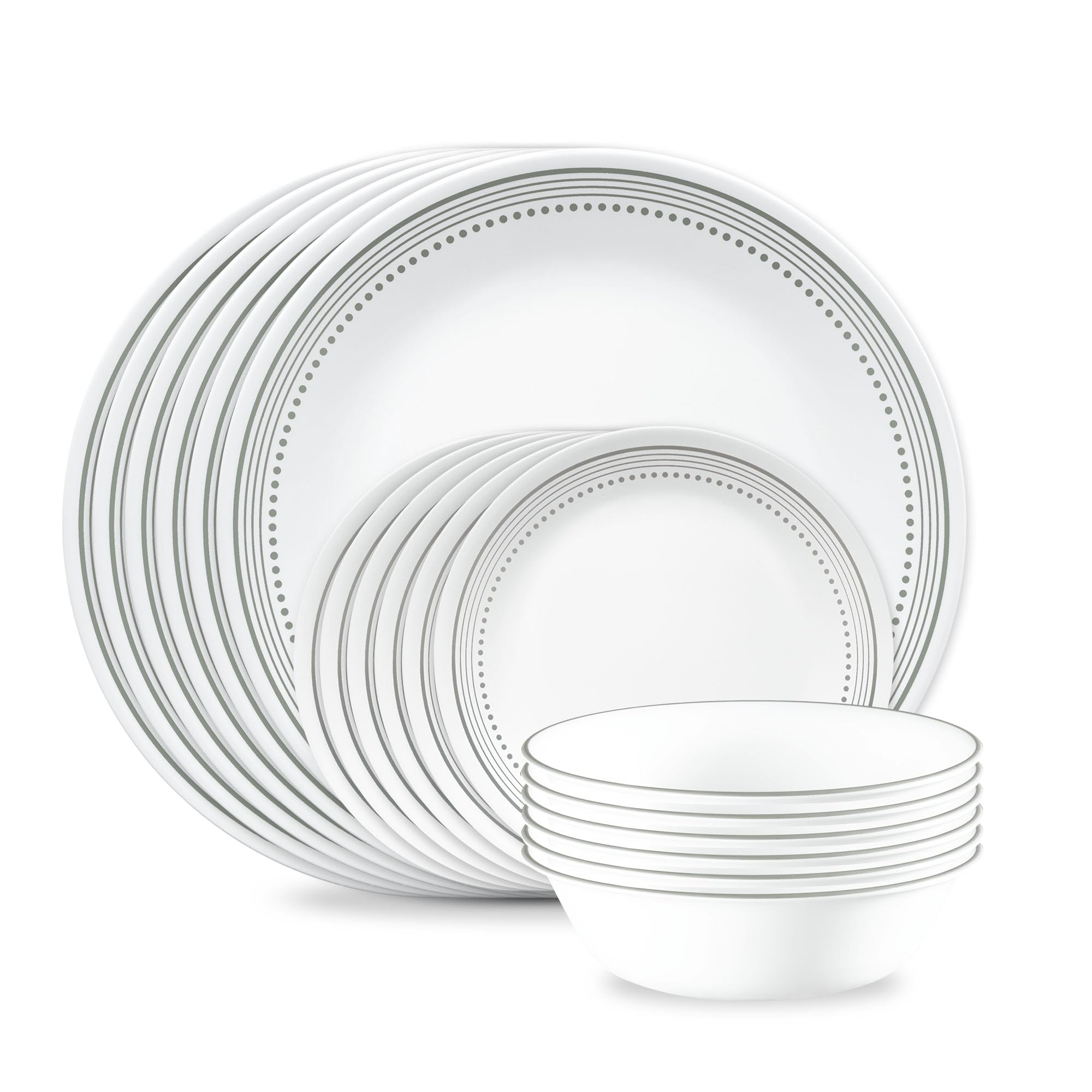 Corelle Vitrelle 18-Piece Service for 6 Dinnerware Set Triple Layer Glass and Chip Resistant, Lightweight Round Plates and Bowls Set, Winter Frost White