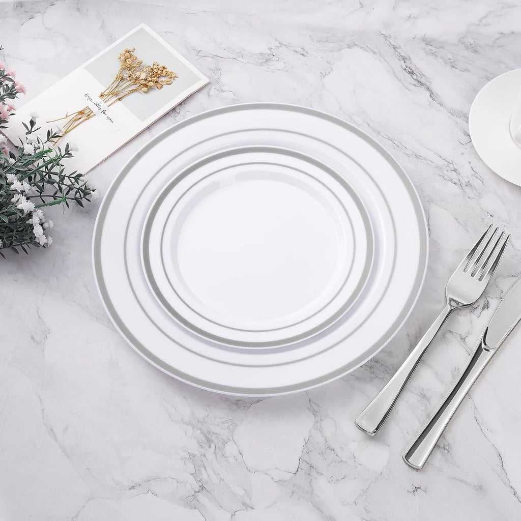 BESTVIP 100Pcs Silver Plastic Plates, 10.25 Inch Disposable Party Plates | Heavy Duty Dinner Dish with Rim for Christmas, Thanksgiving, Wedding, Birthday & Special Events