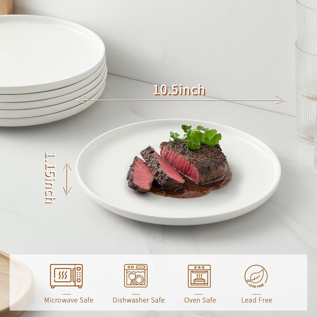Jassceram 10.5 Inch Dinner Plates Set of 6, Round, White | Ceramic Plates for Kitchen or Restaurant, Low-Rim, Microwave, Oven, Dishwasher Safe, Scratch Resistant and Lead-free