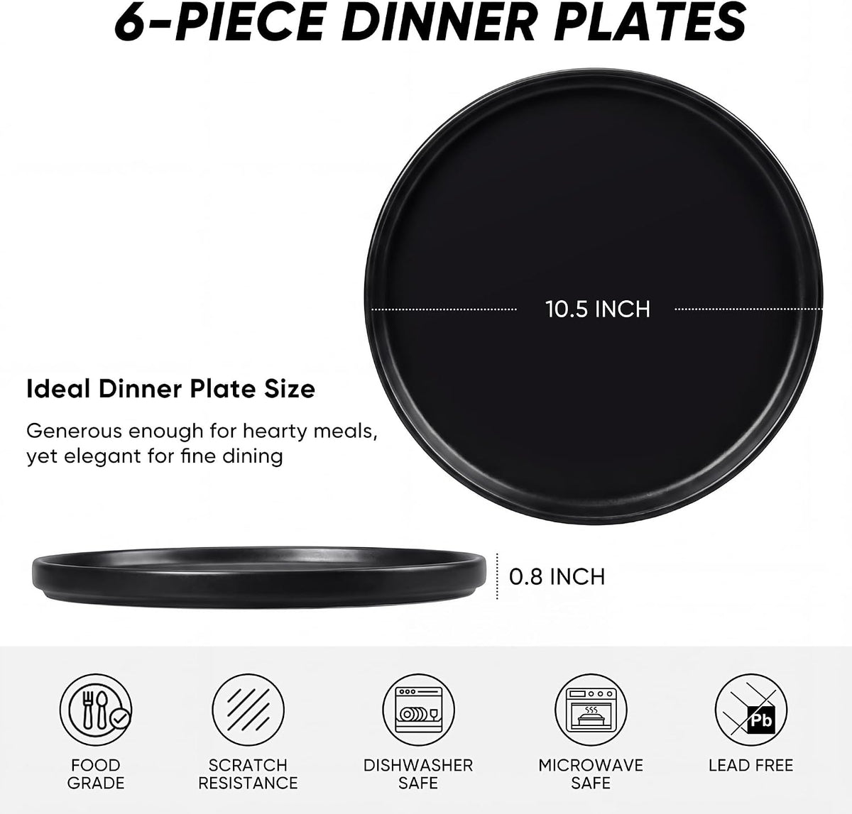 E-far Dinner Plates Set of 6, 10.5 Inch Stoneware Dinner Plate, Black | with Raised Edges, Chip & Scratch Resistant, Microwave & Dishwasher Safe Modern Ceramic Dishes for Dessert Salad, Matte Black
