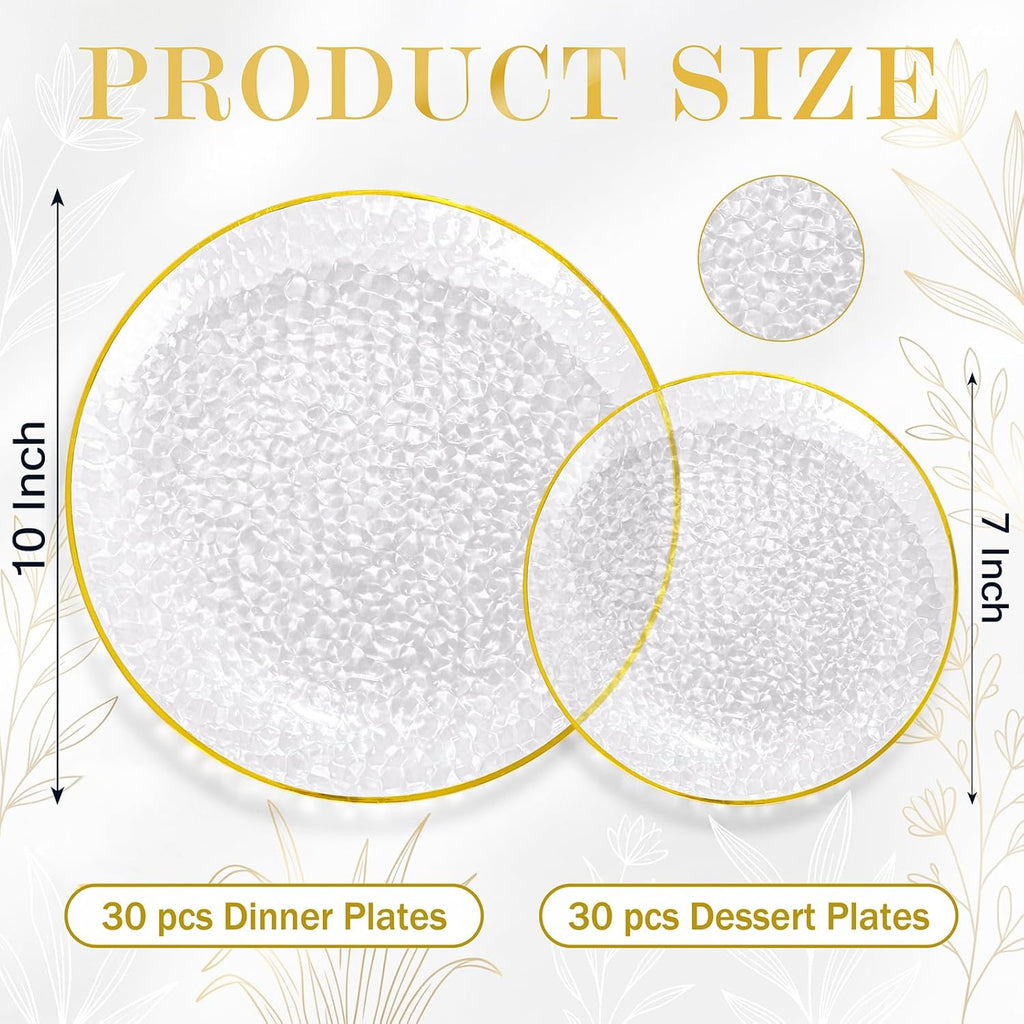 Rubtlamp 60Pcs Clear Plastic Plates,Clear Disposable Plates With Gold Rim,Heavy-duty Gold Plates,Hammered Party Plates Include 30Clear Dessert-Platos,30Dinner-Platos for Wedding, Party