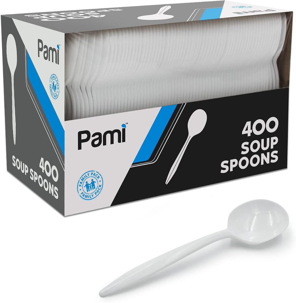 PAMI Medium Weight Disposable Plastic Soup Spoons,White,Bulk Party Pack,400
