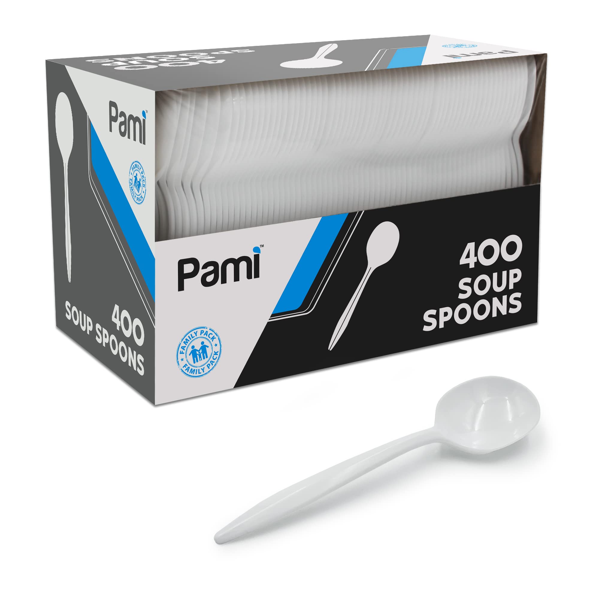 PAMI Medium Weight Disposable Plastic Soup Spoons,White,Bulk Party Pack,400
