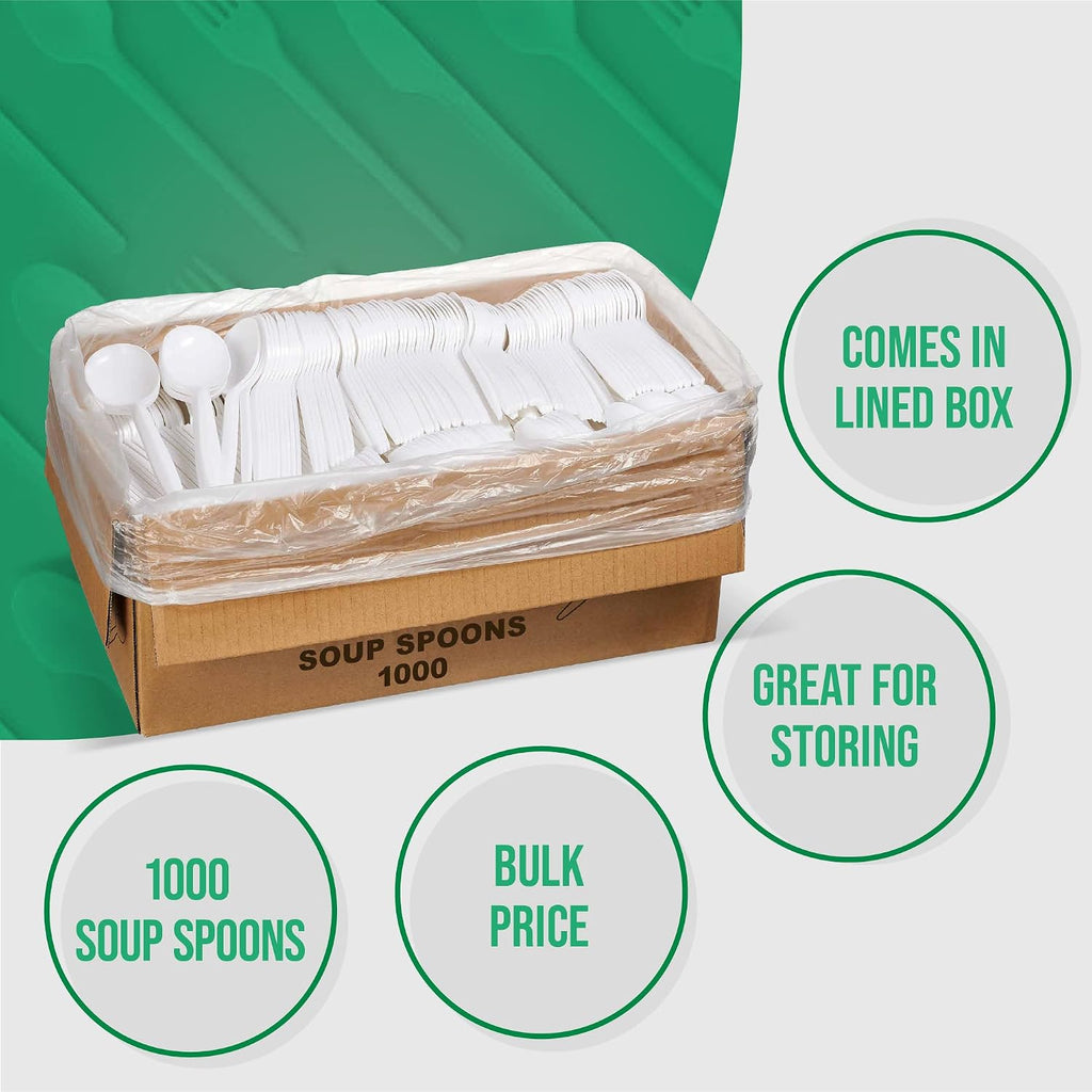 1,000 Plastic Disposable Soup Spoons Bulk White Medium Weight Disposable Silverware Plastic Cutlery Spoons