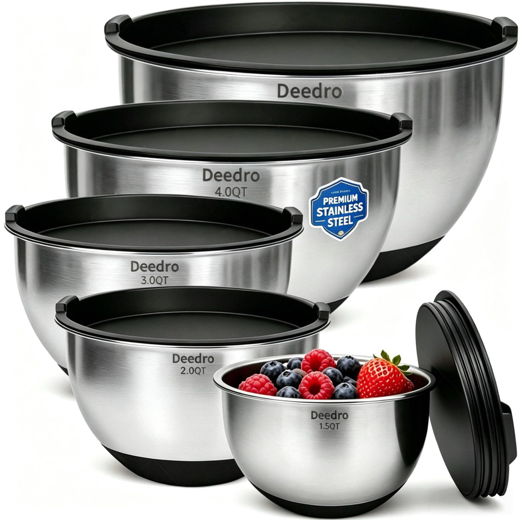 Deedro Mixing Bowls with Airtight Lids, Stainless Steel Mixing Bowls Set | 22Pcs Nesting Bowls with Non-Slip Silicone Base, thicker Metal Bowls for Baking & Prepping, 1.5/2/3/4/5 QT, Khaki