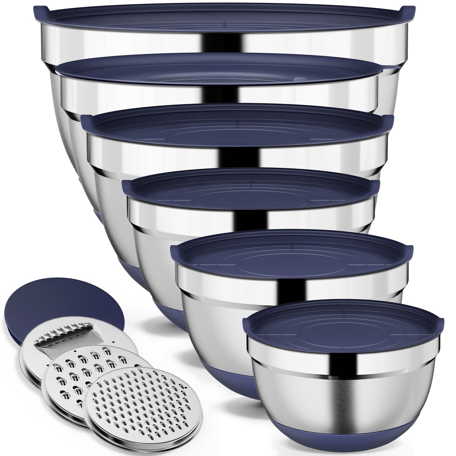 9 Pack Mixing Bowls with Airtight Lids & Grater Attachments, Khaki | Stainless Steel Bowl, Non-slip Bases, Nesting Kitchen Bowl, Size 5, 4, 3, 2, 1.5,1QT,for Food Prep, Baking, Storage & Serving