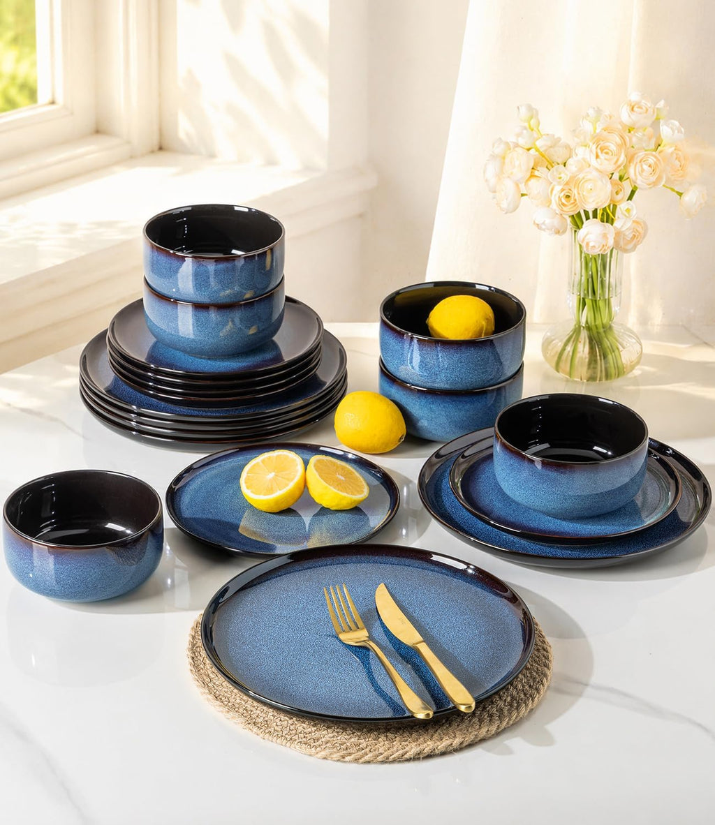 LERATIO Ceramic Dinner Plates Set of 4,10.5 Inch Reactive Glaze Plate Sets | Porcelain Modern Shape Dinnerware Dishes Set for Kitchen,Microwave&Dishwasher&Oven Safe,Scratch Resistant-Blue