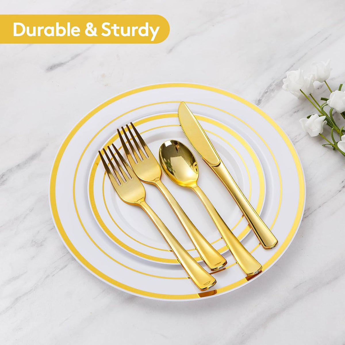 600 Pieces Gold Disposable Plastic Plates for 100 Guests | Include: Dinnerware Set of 100 Dinner and 100 Dessert Plates, 100 Spoons, 100 Forks, 100 Knives, 100 Cups Plates for Party
