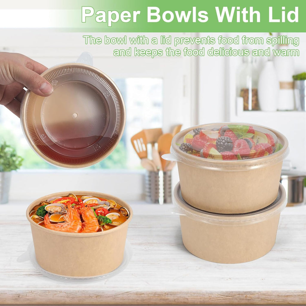 50 Pcs 32 Oz disposable meal prep containers，paper bowls with lids，disposable soup bowls，soup bowls disposable hot/cold，disposable salad bowls with lids，