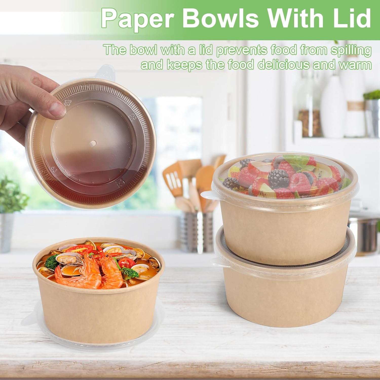 50 Pcs 32 Oz disposable meal prep containers，paper bowls with lids，disposable soup bowls，soup bowls disposable hot/cold，disposable salad bowls with lids，