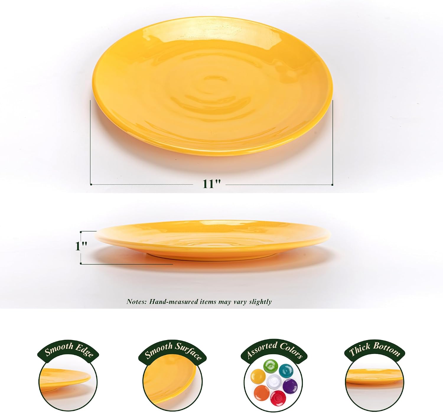 11-Inch Melamine Plates (Set of 6) - Unbreakable and Reusable Plastic Dinnerware with Ceramic Feel, Stackable and Dishwasher-Safe - Versatile for All Meals (Multicolor)