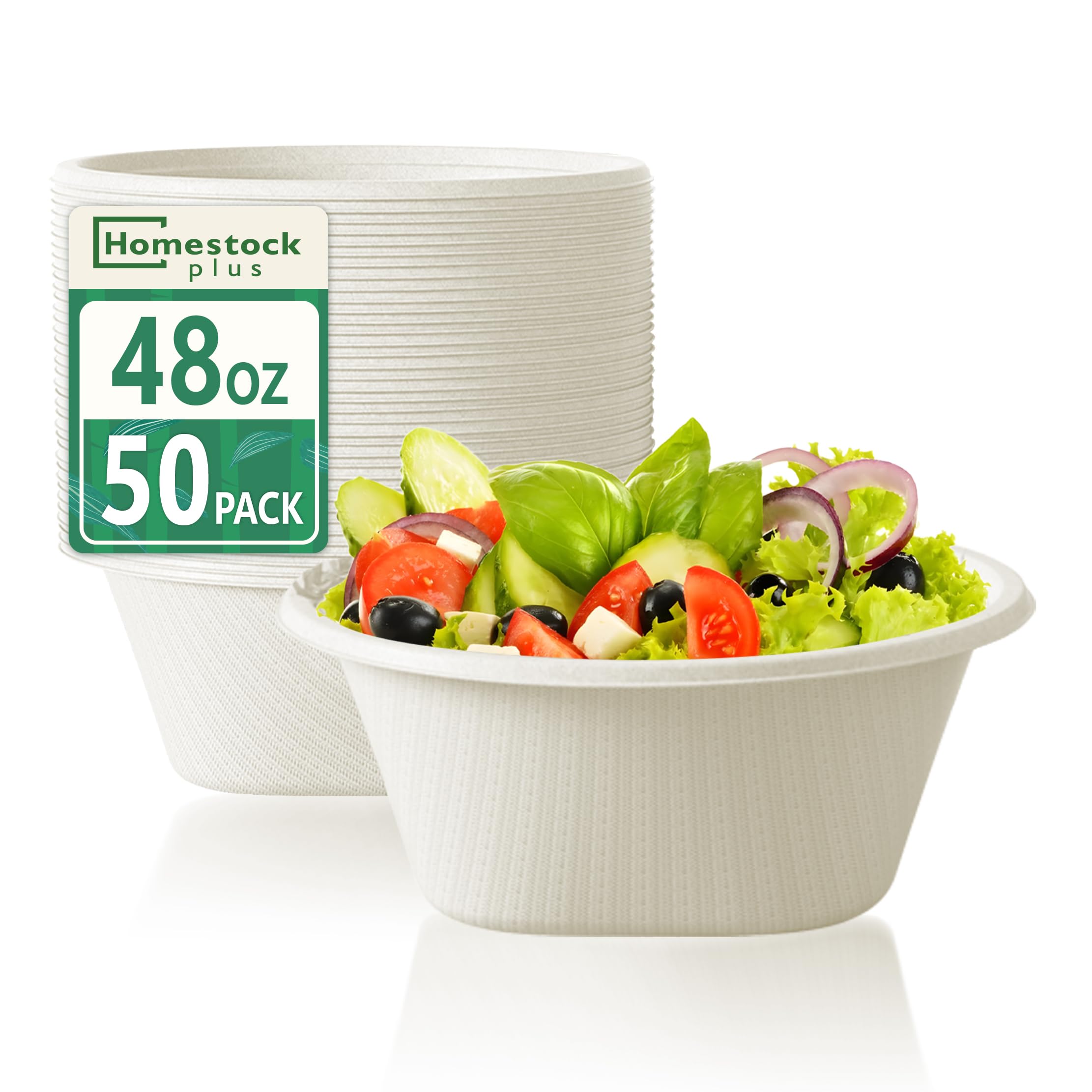48 Oz Disposable Bowls - Heavy Duty and Compostable Bowl - Made from Sugarcane and Bamboo Fibers, Microwave Safe - Large Paper Bowl for Soup, Salad, Ramen, Popcorn, etc. [50 Pack]