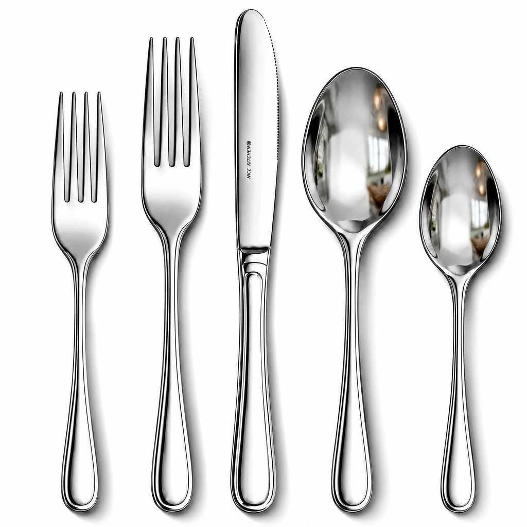 NICE KITCHEN Silverware Set, 40 Piece Stainless Steel Cutlery Sets for 8 | Heavy Duty Flatware, Mirror Polished Forks Spoons and Knives Set, Reusable Utensils for Home Kitchen, Dishwasher Safe
