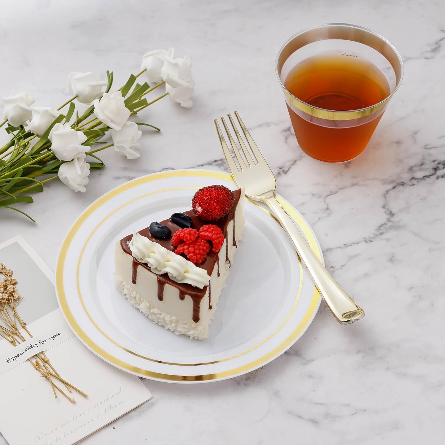 BESTVIP 600PCS Gold Dinnerware Set for 100 Guests, | for Party, 100 Gold Disposable Plates, 100 Dessert Plates, 100 Cups, 100 Spoons, 100 Forks and 100 Knives