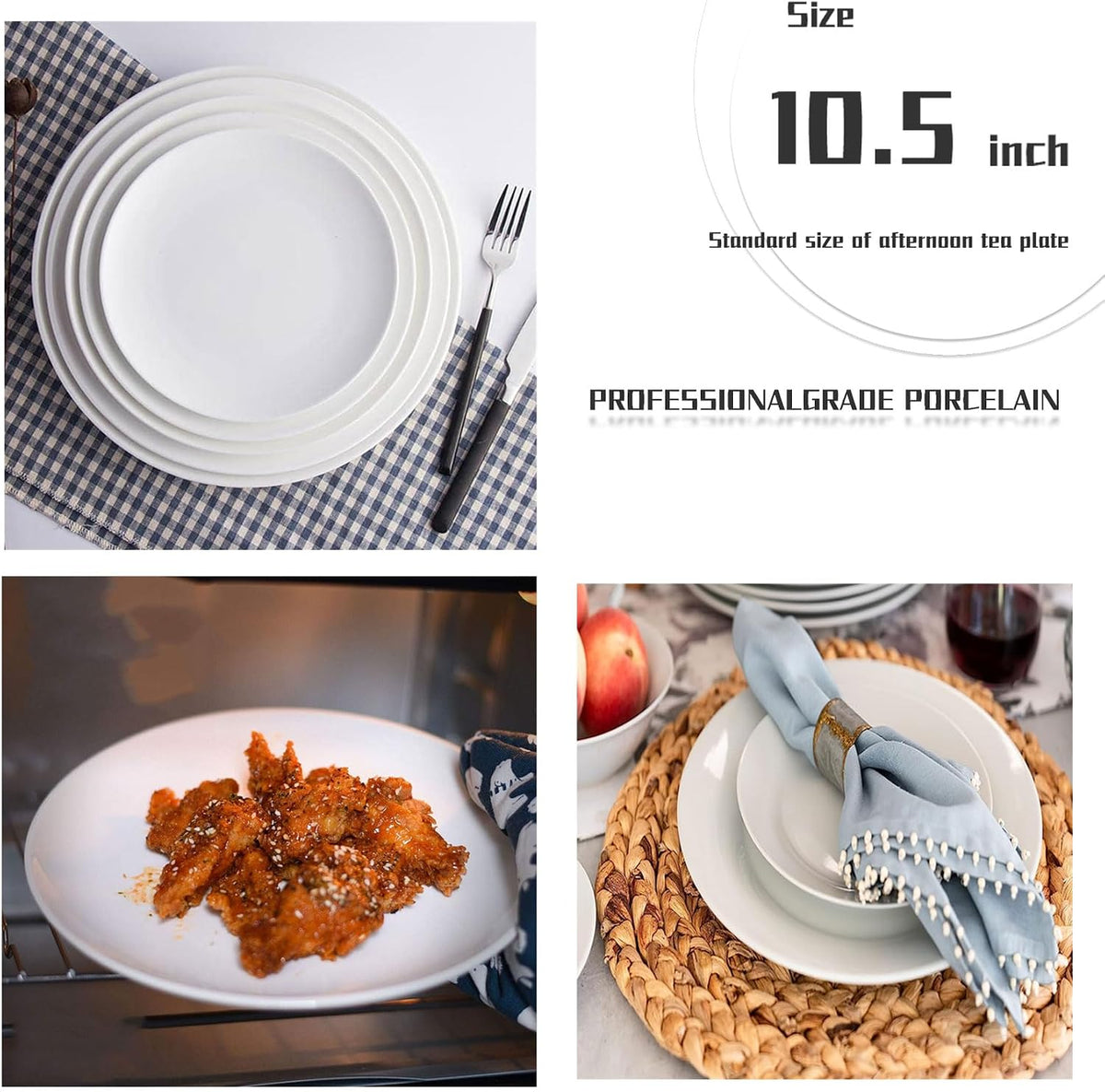 White Bone China Dinner Plates 10.5 Inch Set of 6 Microwave Dishwasher Safe | Great for daily dining, holiday gatherings & restaurants. lightweight bone china. Not for oven or steamer