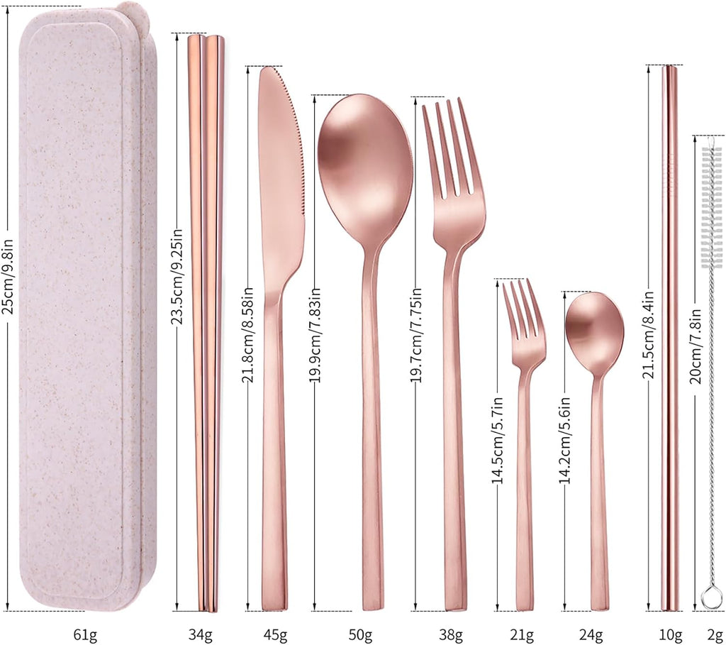 AARainbow 8 Pieces Stainless Steel Flatware Set Portable Reusable Cutlery Set Travel Utensils Set Including Chopsticks Knife Fork Spoon Straws Cleaning Brush Dishwasher Safe (B-Rose Golden)