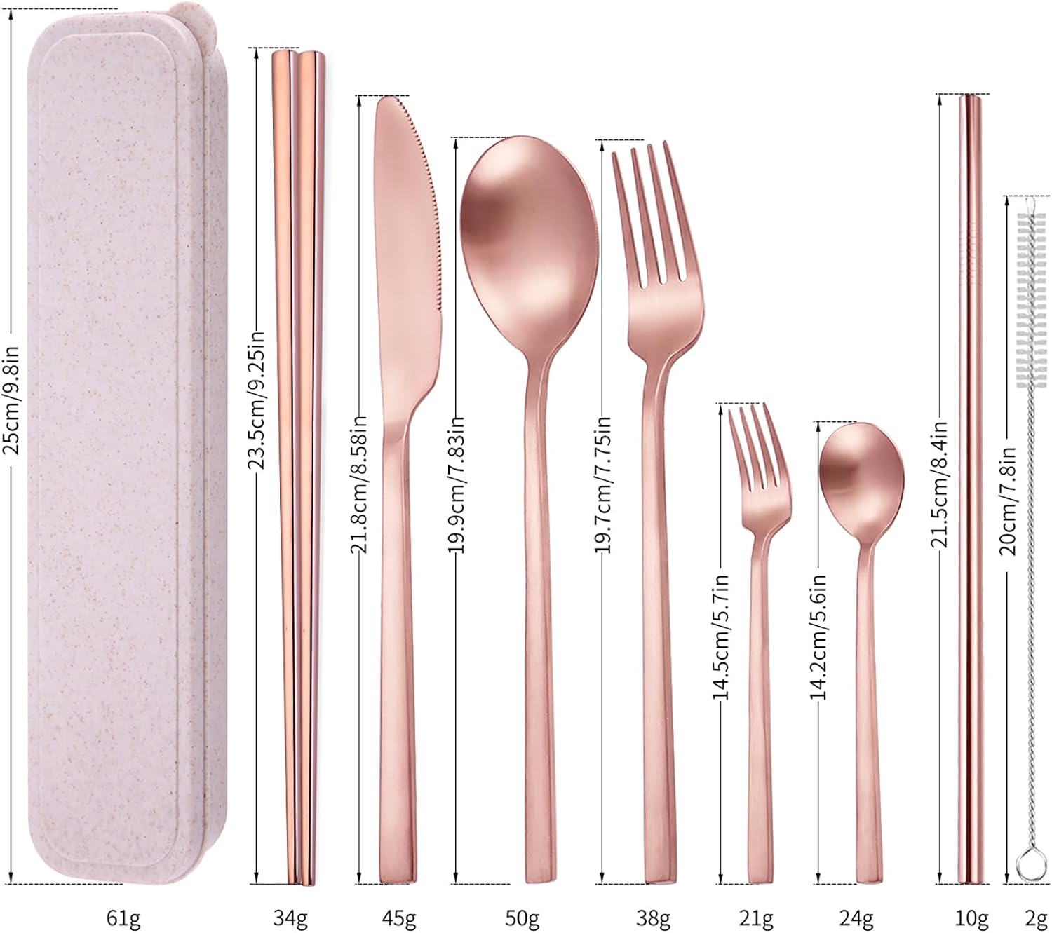 AARainbow 8 Pieces Stainless Steel Flatware Set Portable Reusable Cutlery Set Travel Utensils Set Including Chopsticks Knife Fork Spoon Straws Cleaning Brush Dishwasher Safe (B-Rose Golden)