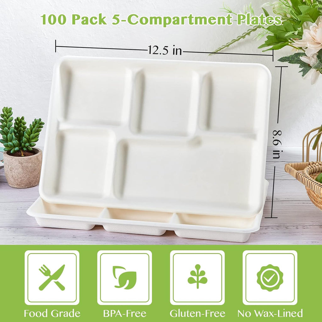 Compostable Disposable 5 Compartment Paper Plates, 12.5inch | 100 Pack, Biodegradable Sugarcane Plates, Eco-Friendly School Lunch Trays