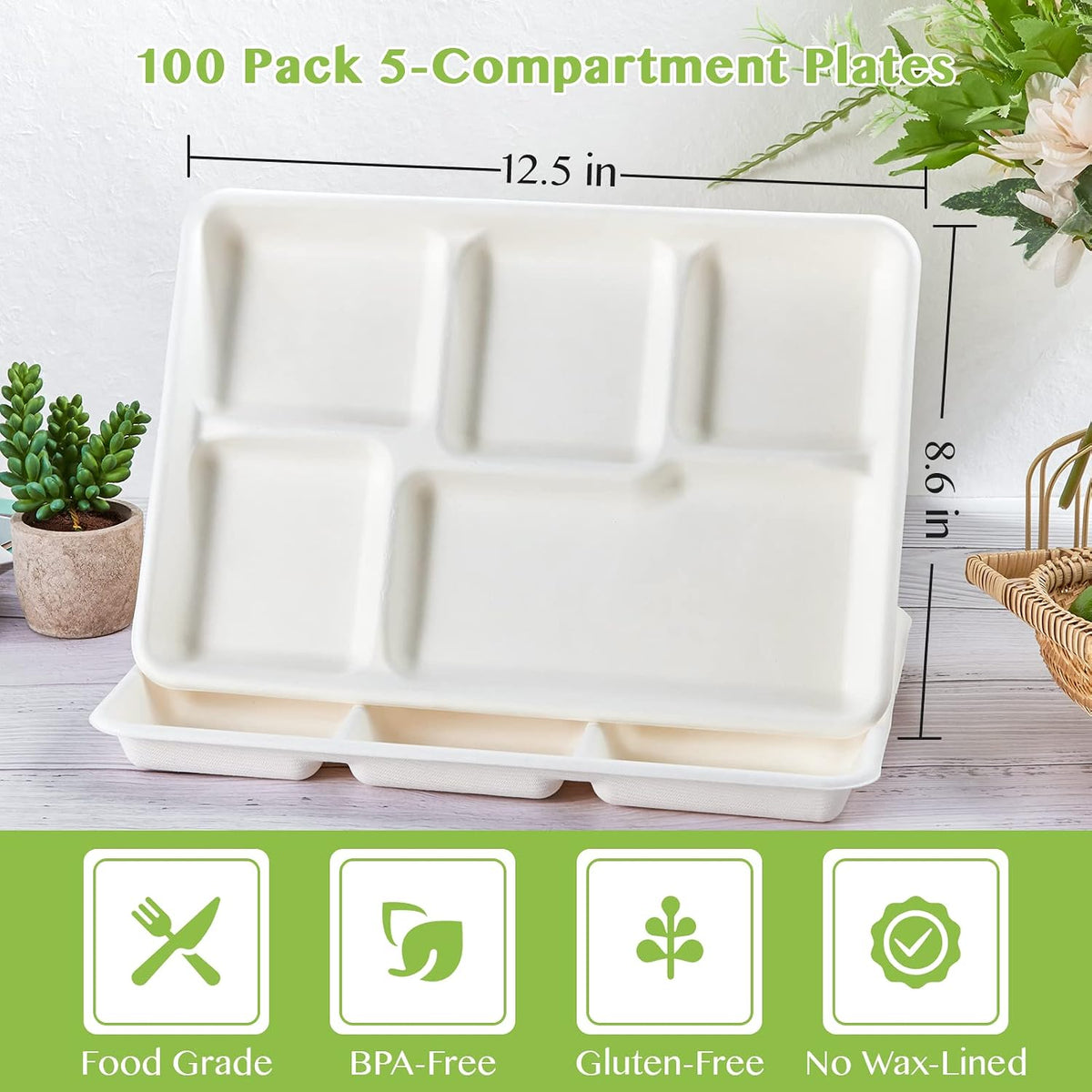 Compostable Disposable 5 Compartment Paper Plates, 12.5inch | 100 Pack, Biodegradable Sugarcane Plates, Eco-Friendly School Lunch Trays