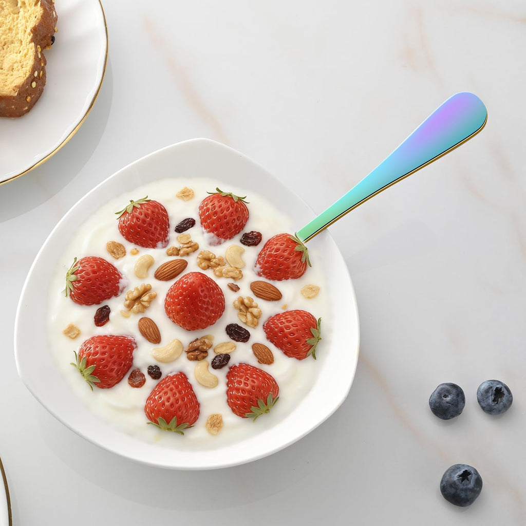 8-Piece Rainbow Soup Spoons Set, 7.4 Inch Colorful Stainless Steel Silverware Round Spoon Set, Mirror Polished Iridescent Metal Spoons for Cereal & Dessert