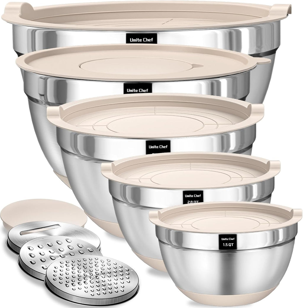 Umite Chef Mixing Bowls with Airtight Lids Set, 8PCS Stainless Steel Nesting Bowls with Grater Attachments, Non-Slip Bottoms, 5, 4, 3.5, 2, 1.5QT for Mixing & Serving