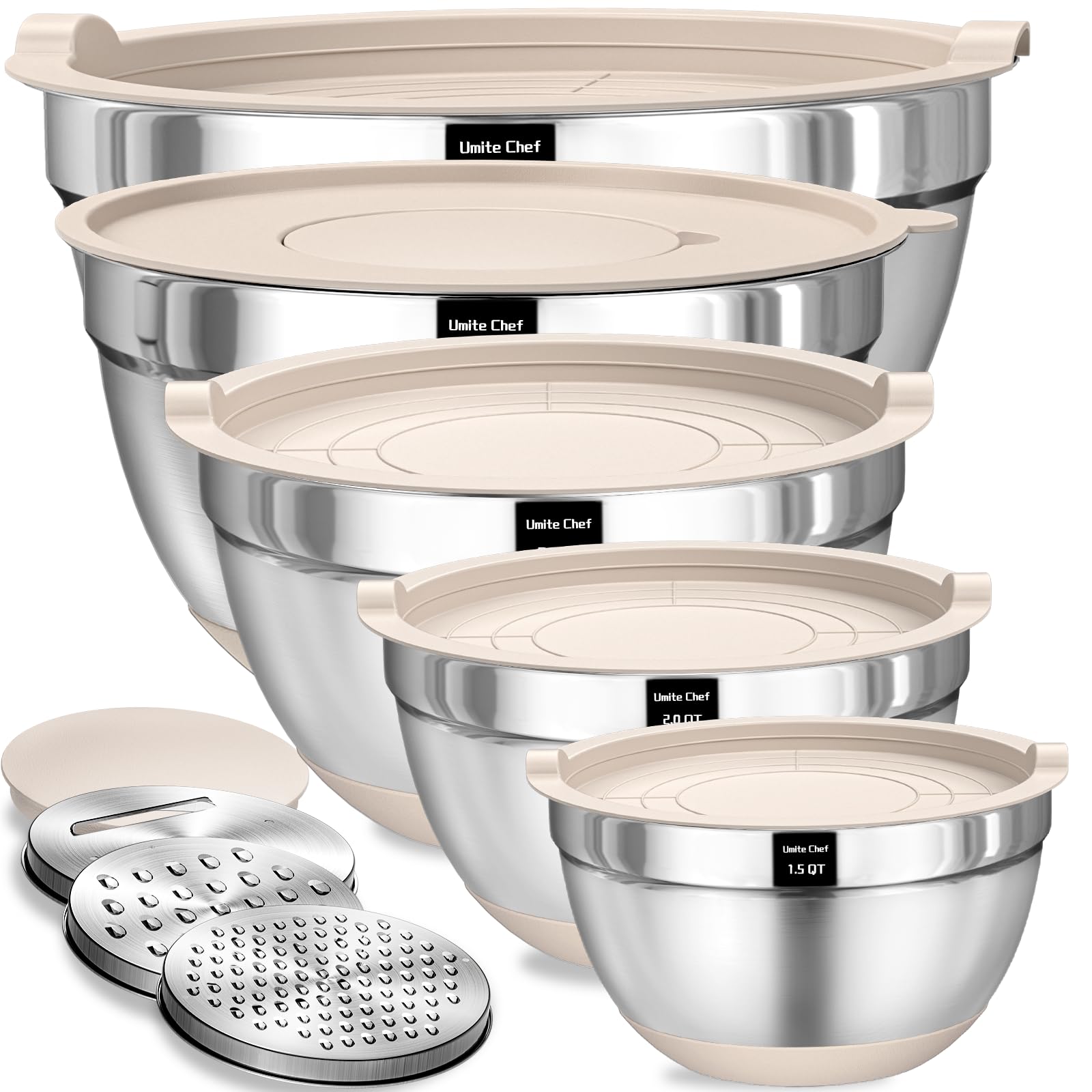 Umite Chef Mixing Bowls with Airtight Lids Set, 8PCS Stainless Steel Nesting Bowls Set, 3 Grater Attachments & Non-Slip Bottoms, Size 5, 4, 3.5, 2, 1.5QT for Baking & Mixing(Black)