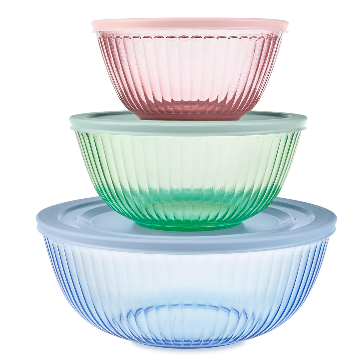 Pyrex Colors Tinted (3-Pack, Full Set) Sculpted Tinted Glass Mixing Bowls | 1.3, 2.3 & 4.5 QT nesting set of bowls with plastic lids for prepping & baking, dishwasher safe