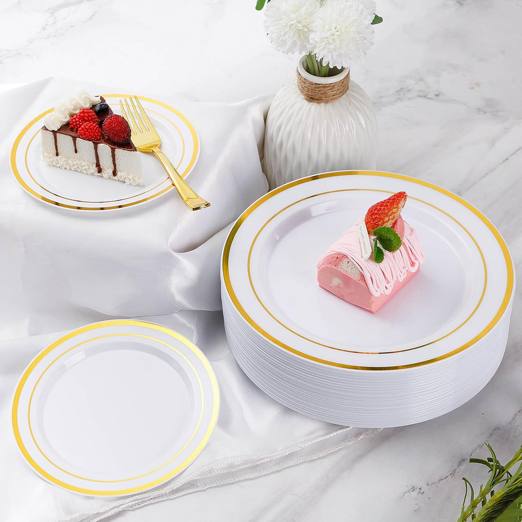 600 Pieces Gold Disposable Plastic Plates for 100 Guests | Include: Dinnerware Set of 100 Dinner and 100 Dessert Plates, 100 Spoons, 100 Forks, 100 Knives, 100 Cups Plates for Party