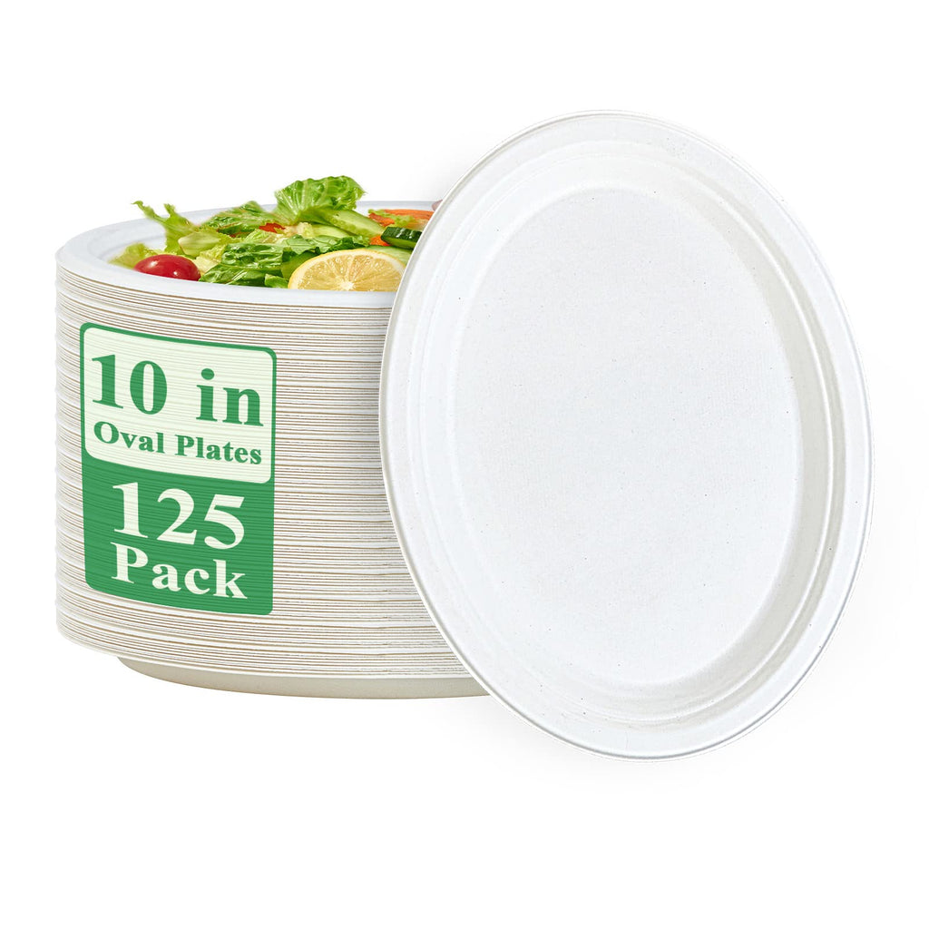 Vplus 100% Compostable Oval Paper Plates 12 inch 125 Pack, White | Super Strong, Disposable Paper Plates, Bagasse Natural Biodegradable, Sugarcane for BBQ, Party, Dinner, and Picnic