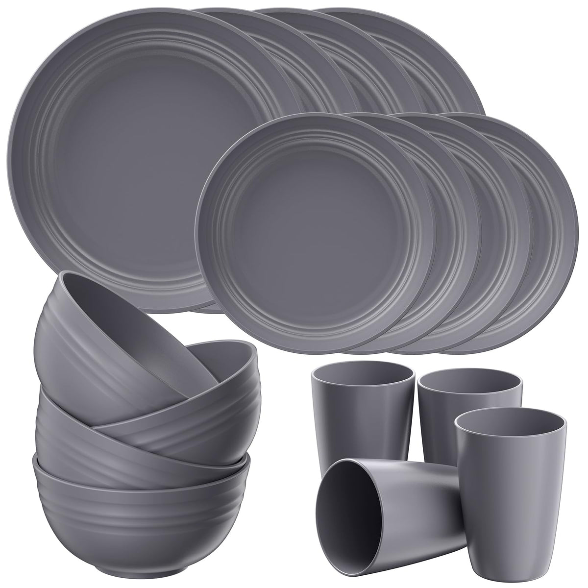 Quatish 24 Piece Plates and Bowls Sets for 6, Unbreakable Dinnerware Sets, Dish Set for Camping, Dishwasher Microwave Safe, Outdoor Kitchen and Apartment Dorm Dinning RV Essentials, Black