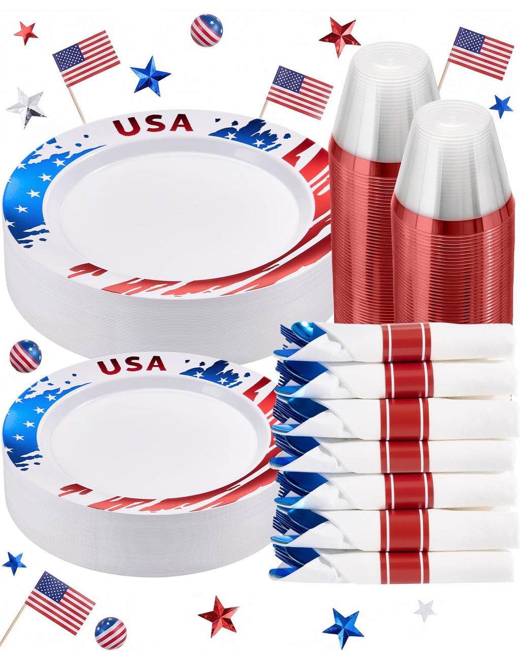 350 Piece Silver Plastic Dinnerware Set for 50 Guests | Disposable Dinnerware Includes: 50 Dinner Plates, 50 Dessert Plates, 50 Pre Rolled Napkins with Silver Silverware, 50 Cups