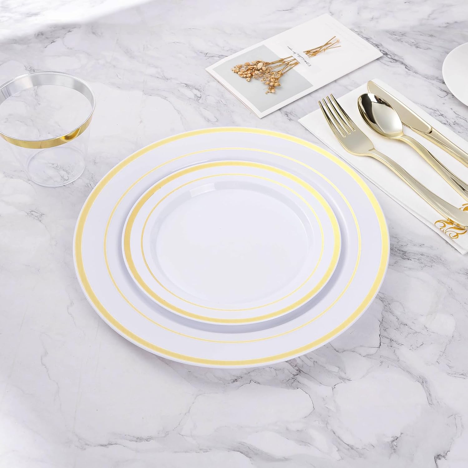 BESTVIP 100Pcs Gold Plastic Plates, 10.25 Inch Disposable Dinner Plates | Heavy Duty Dinner Dish with Rim for Christmas, Thanksgiving, Wedding, Birthday & Special Events