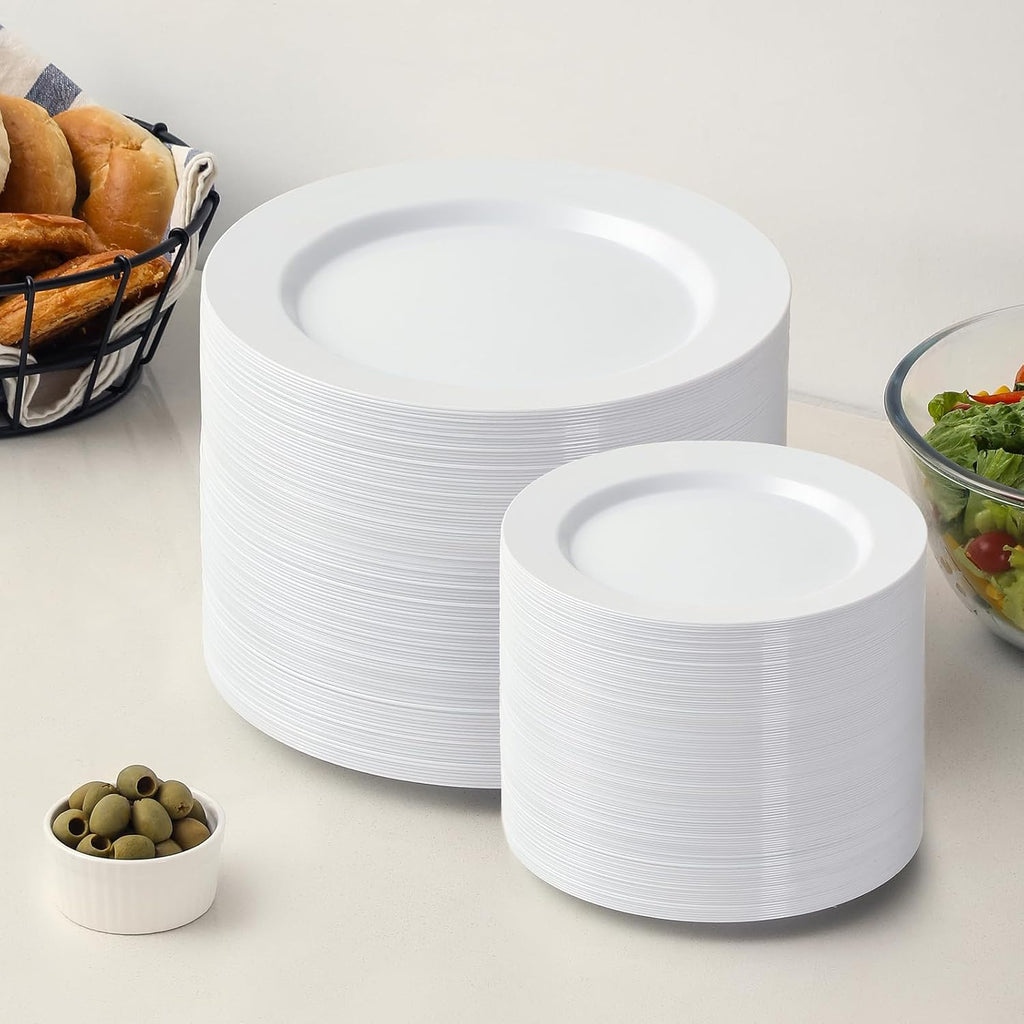 AOZITA 200 PCS White Plastic Plates, Premium Heavy Duty Disposable Plates for Party, 100 Dinner Plates & 100 Salad Dessert Plates, Sturdy Hard Plastic Dinnerware for Wedding, Events