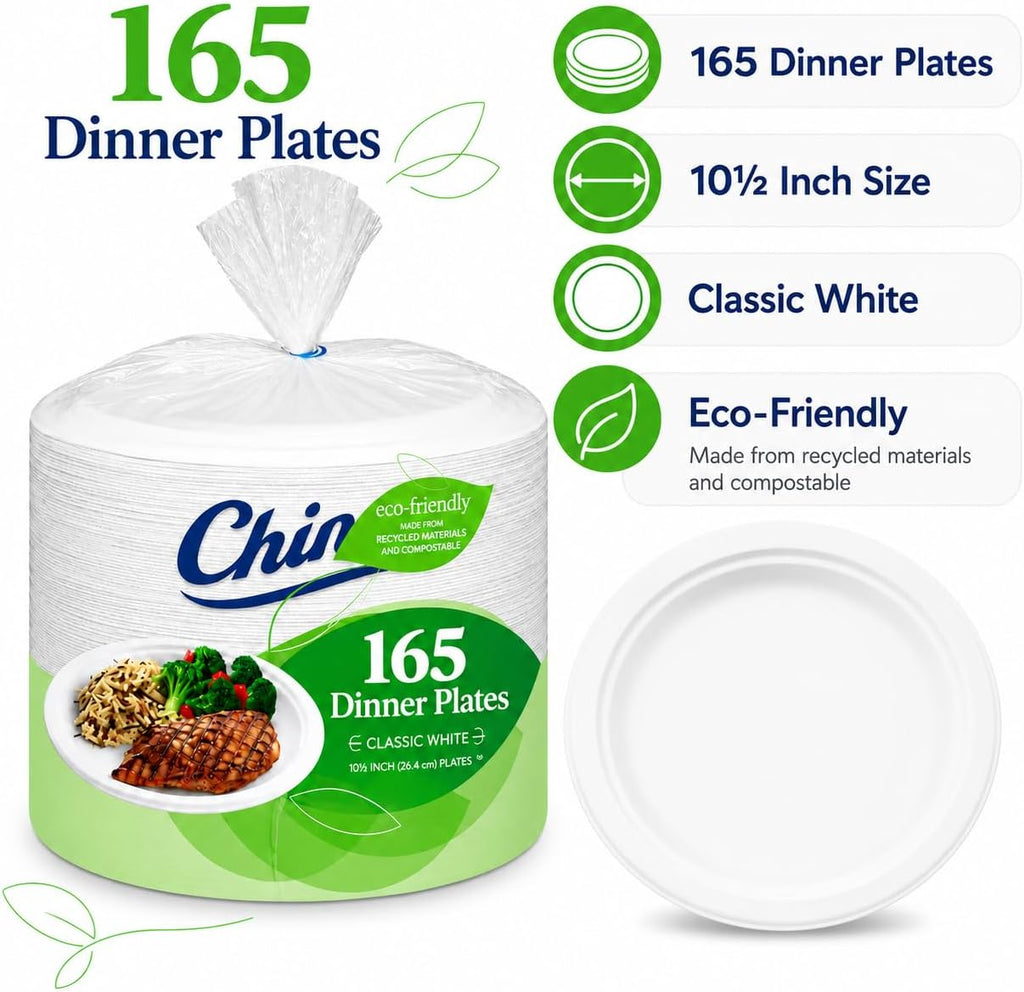 Heavy-Duty Paper Dinner Plates – 10 3/8" Disposable Plates, Grease-Resistant & Cut-Resistant – 165 Count Bulk Pack for Parties, Catering, or Everyday Use