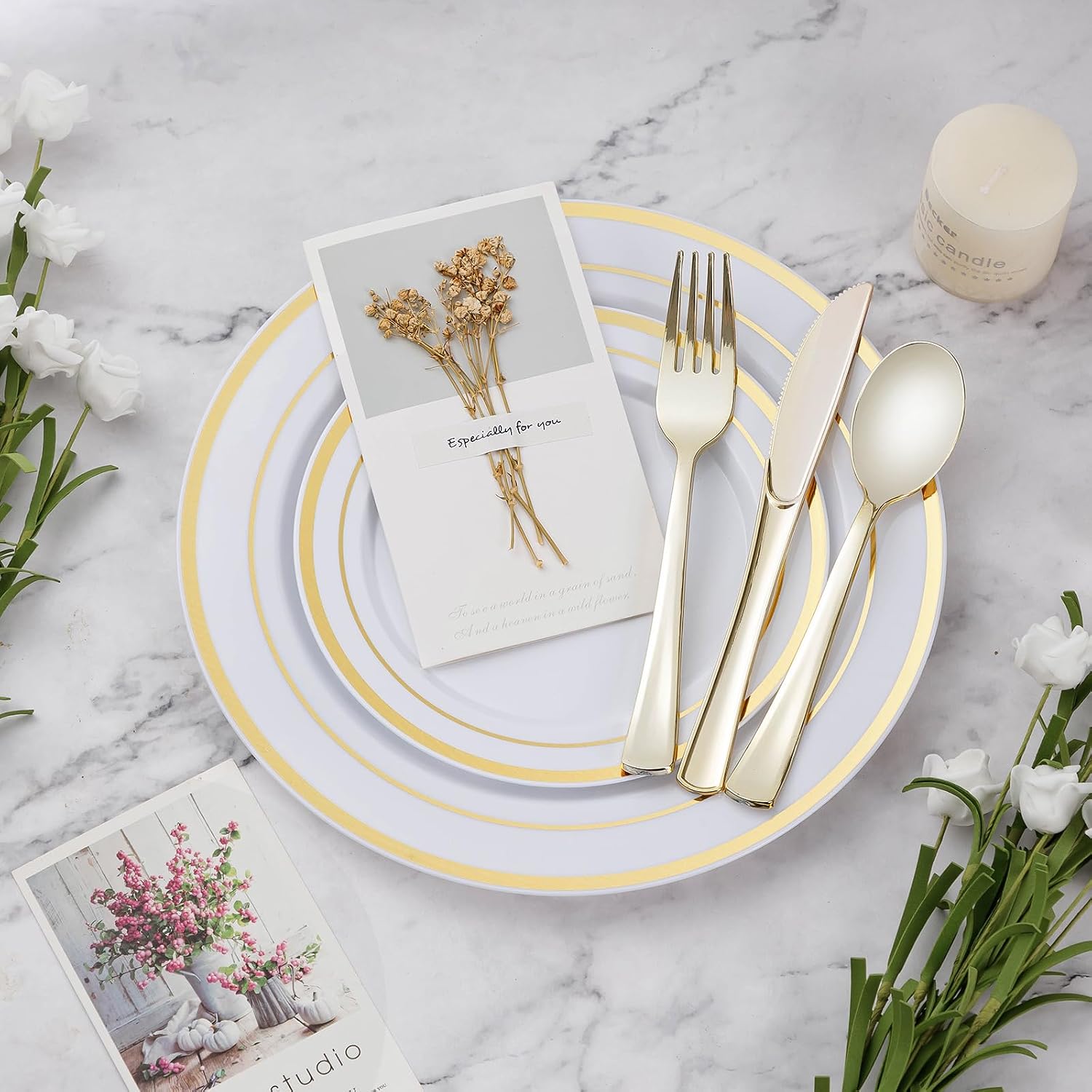 BESTVIP 600PCS Gold Dinnerware Set for 100 Guests, | for Party, 100 Gold Disposable Plates, 100 Dessert Plates, 100 Cups, 100 Spoons, 100 Forks and 100 Knives