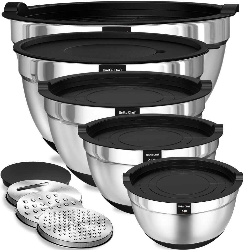 Umite Chef Mixing Bowls with Airtight Lids Set, 8PCS Stainless Steel Nesting Bowls Set, 3 Grater Attachments & Non-Slip Bottoms, Size 5, 4, 3.5, 2, 1.5QT for Baking & Mixing(Colorful)
