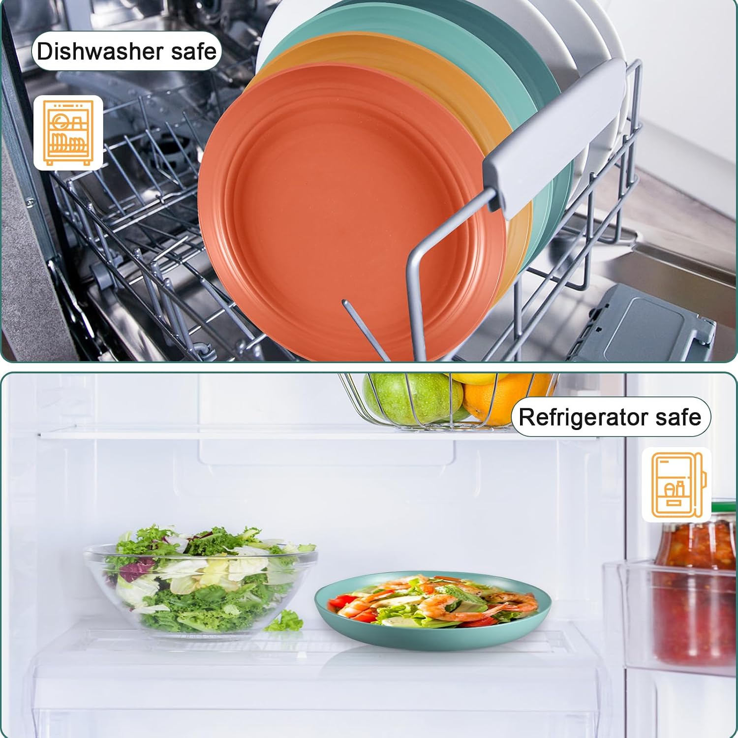 HEYCOME 12 Pcs Unbreakable Deep Dinner Plates Set, 10 inch Reusable Plastic Wheat Straw Plates, Microwave and Dishwasher Safe Plate for Kitchen, Lightweight Plate for Dessert, BPA Free, 6 Colors