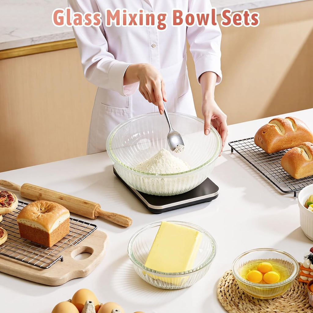 Glass Mixing Bowls with Lids Sets, 5 PCS Serving Bowls for Party or Kitchen | For Baking, Meal Prepping and Salad, Bpa Free and Dishwasher and microwave Safe Serving Bowls, 0.2/0.5/1.1/2.1/3.7Qt