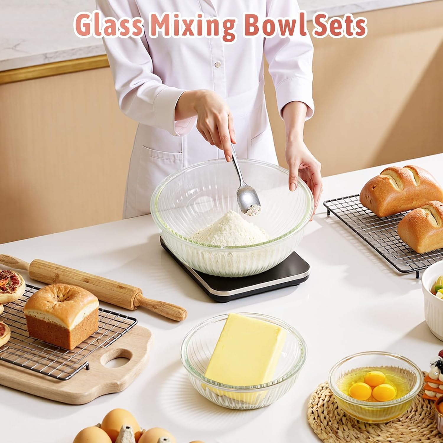 Glass Mixing Bowls with Lids Sets, 5 PCS Serving Bowls for Party or Kitchen | For Baking, Meal Prepping and Salad, Bpa Free and Dishwasher and microwave Safe Serving Bowls, 0.2/0.5/1.1/2.1/3.7Qt