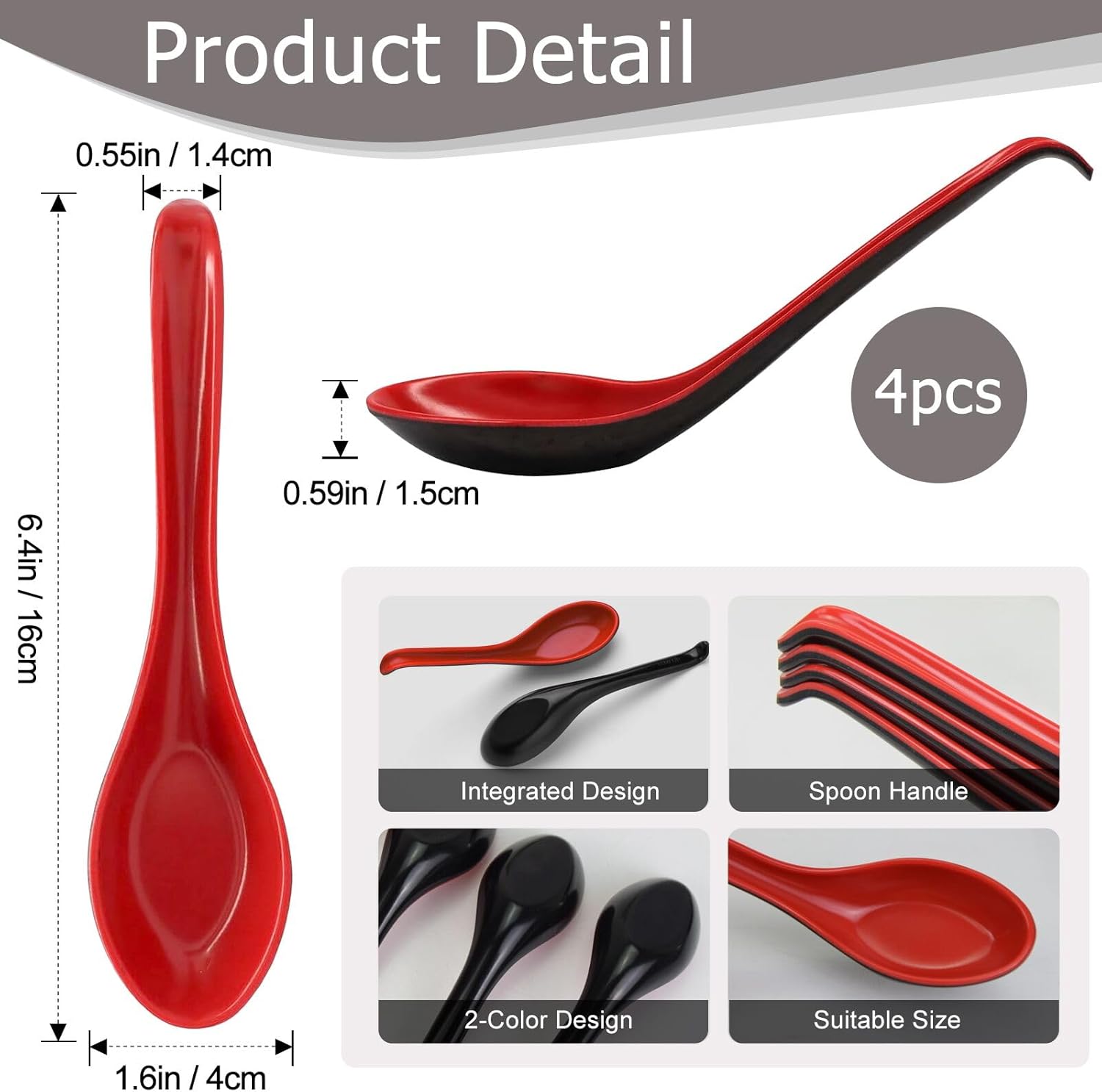 4PCS Asian Soup Spoons, Chinese Japanese Miso Ramen Wonton Dumpling Pho Rice Noodle Soba Soup Spoons, Red and Black Melamine Spoons