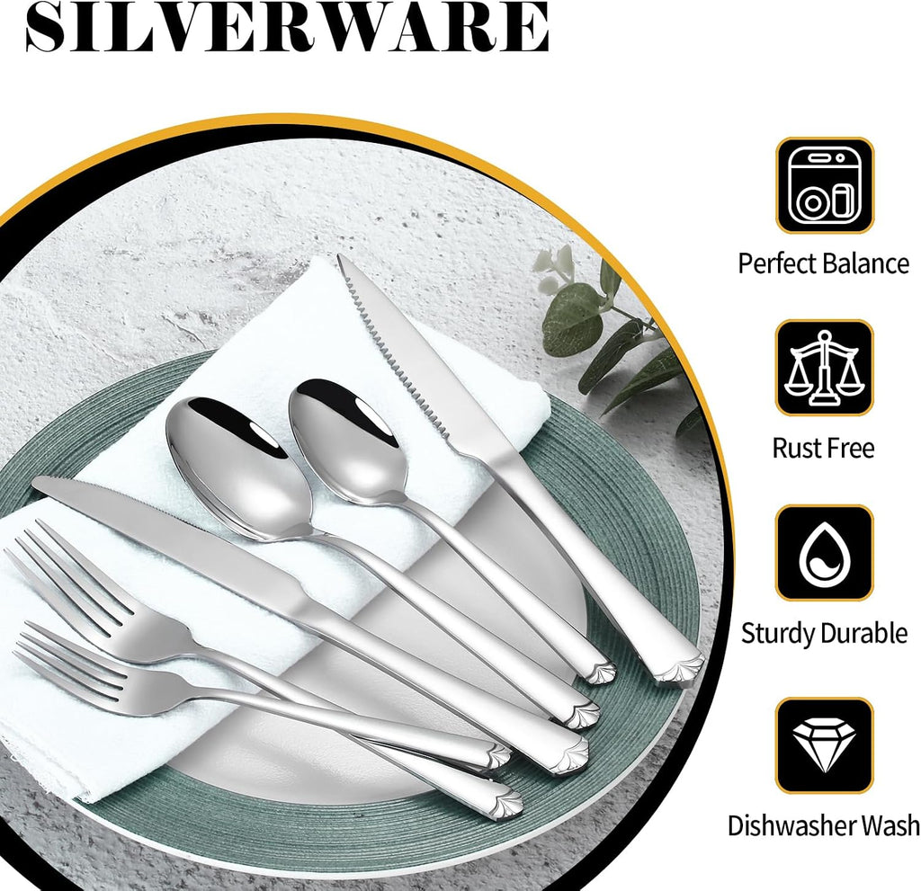 24 Piece Silverware Set for 4, Prendcyx Stainless Steel Flatware Set with Steak Knives, Food-Grade Tableware Cutlery Set Includes Forks Spoons Knives, Mirror Polished, Dishwasher Safe