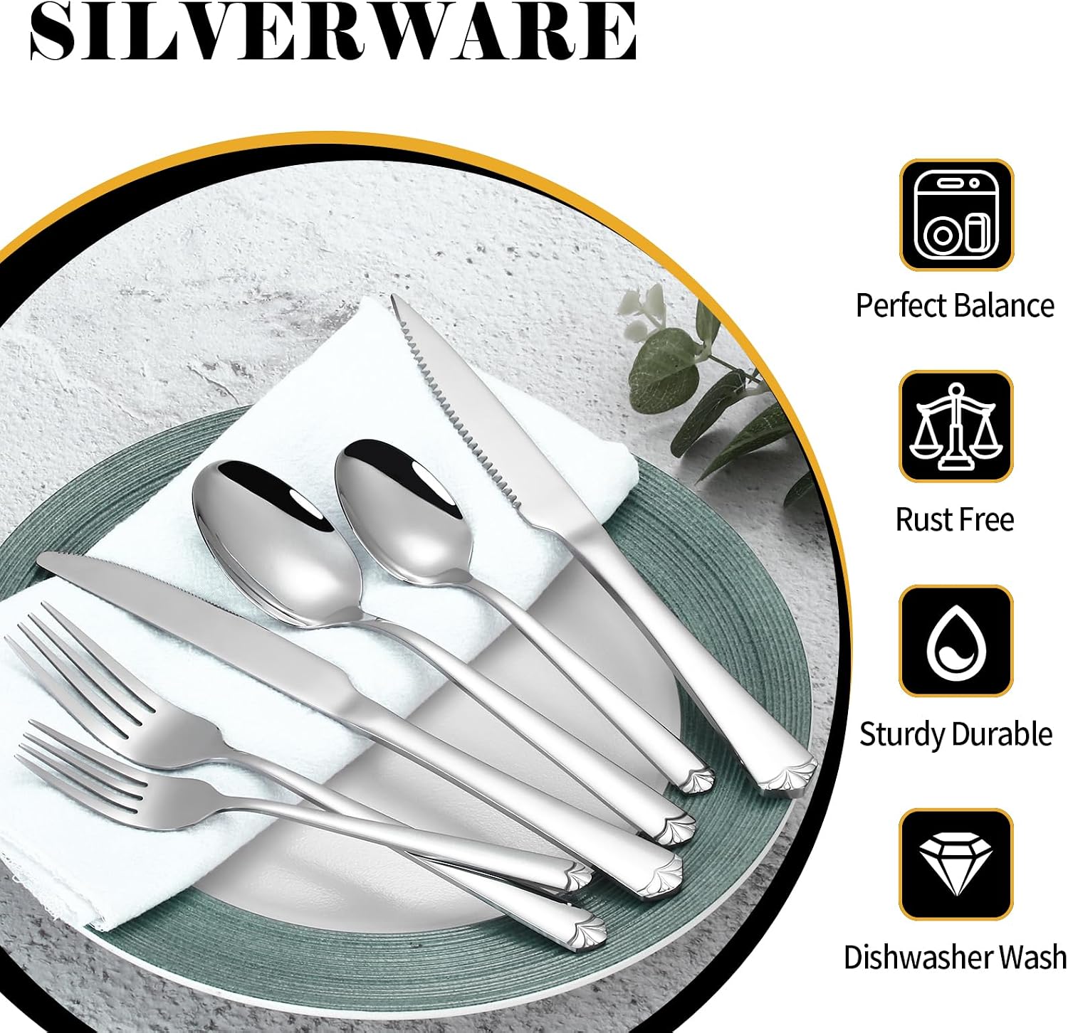 24 Piece Silverware Set for 4, Prendcyx Stainless Steel Flatware Set with Steak Knives, Food-Grade Tableware Cutlery Set Includes Forks Spoons Knives, Mirror Polished, Dishwasher Safe