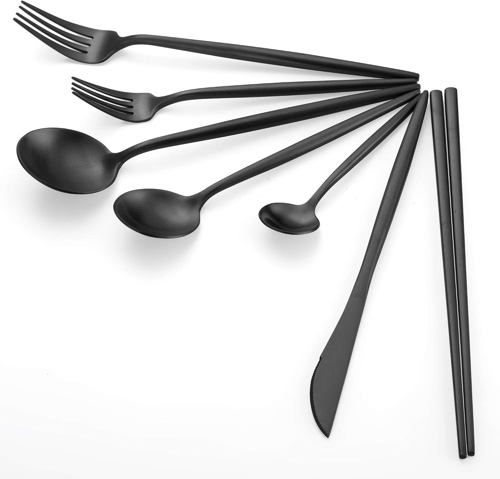 KiiZYs Matte Black Flatware Set - 14-piece Modern Silverware Set Stainless Steel Utensils - Metal Chopsticks Kitchen Cutlery Fork Spoon Knife - Dishwasher Safe House Warming Gift Box (Black, 2 Sets)
