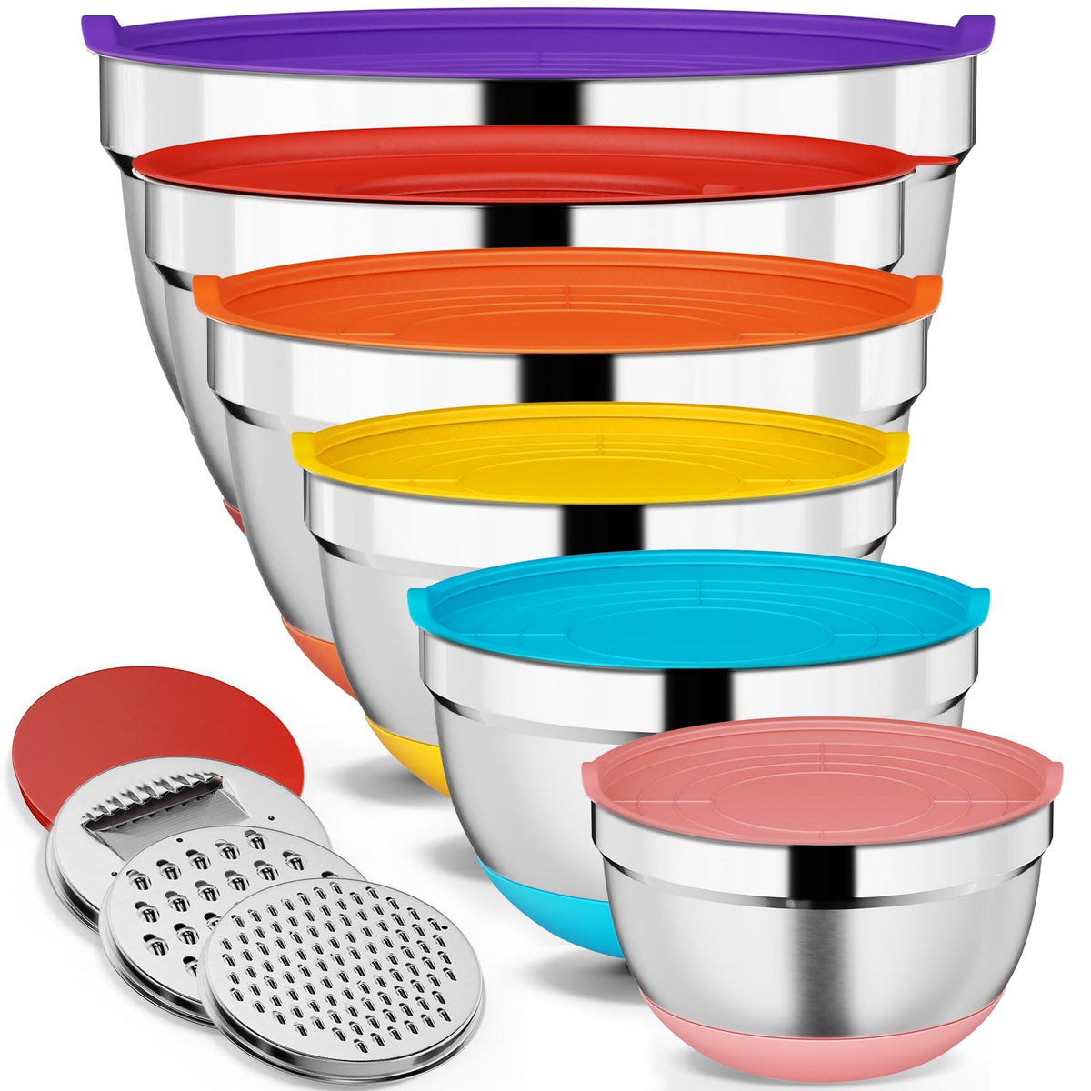 9 Pack Mixing Bowls with Airtight Lids & Grater Attachments, Khaki | Stainless Steel Bowl, Non-slip Bases, Nesting Kitchen Bowl, Size 5, 4, 3, 2, 1.5,1QT,for Food Prep, Baking, Storage & Serving