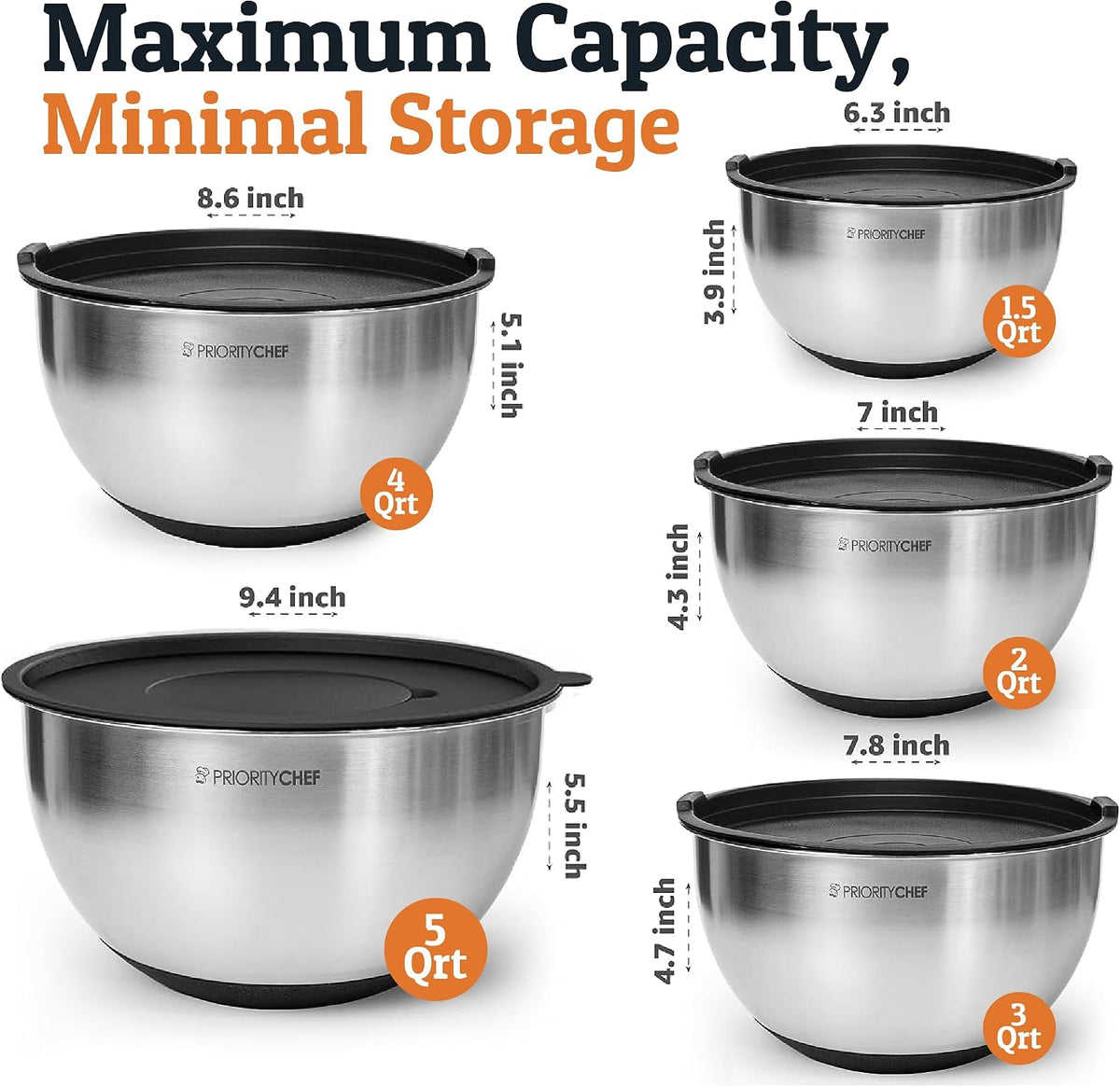 Stainless Steel Mixing Bowls with Lids Set, 3 Grater Attachments, Airtight Lids, Non-Slip Silicone Base Mixing Bowl Set, Large Prep Metal Mixing Bowls for Kitchen, Black